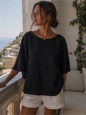 BECASA Black Linen Boxy Top Oversized Dolman Sleeve Resort Blouse